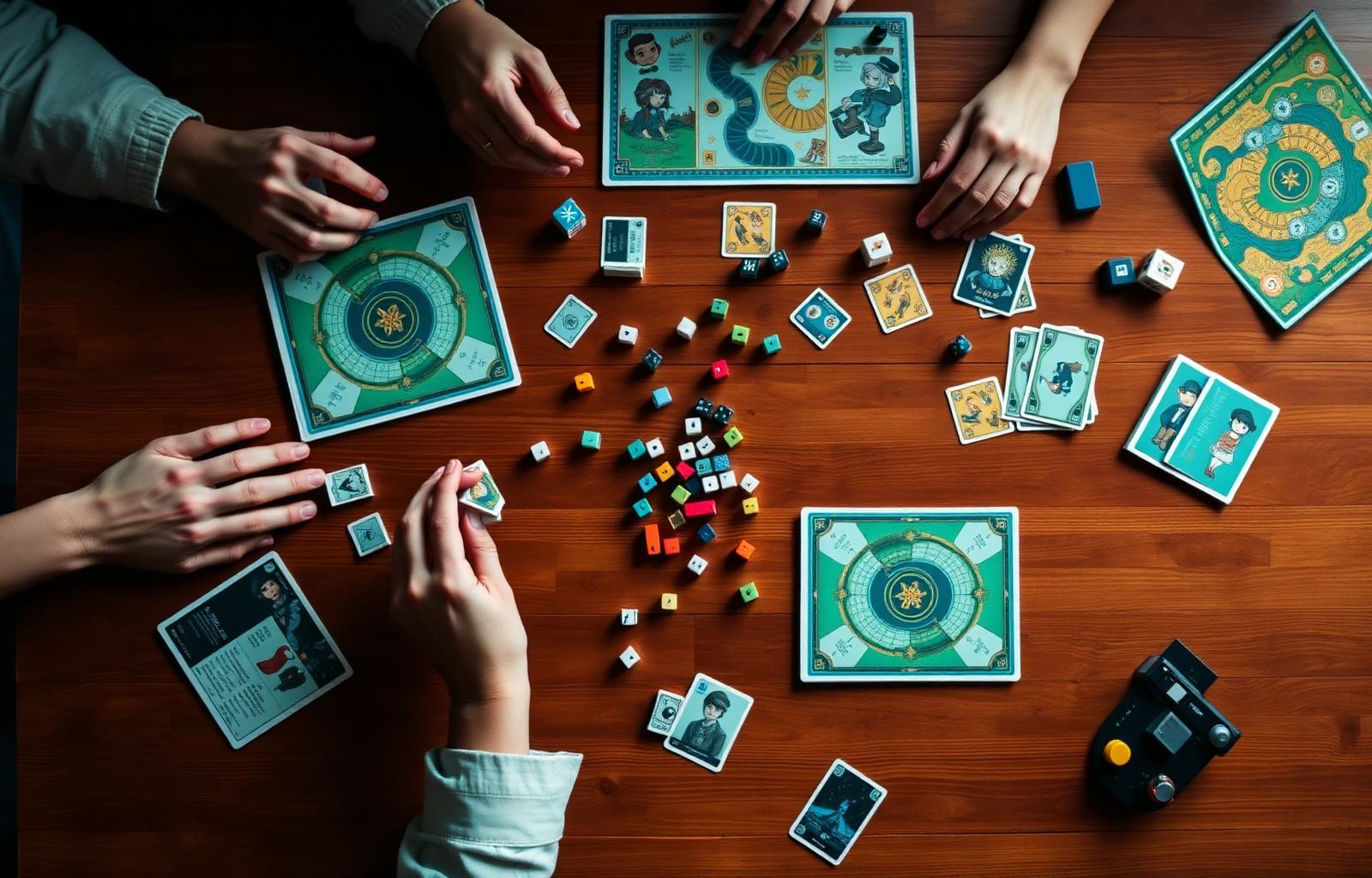 Une table de jeux de société avec dés, cartes et meeples